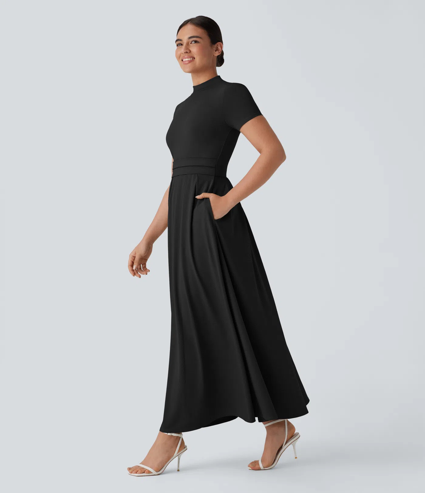 Women’s Stand Collar Short Sleeve Pocket Flare Maxi Casual Dress - Halara | HALARA