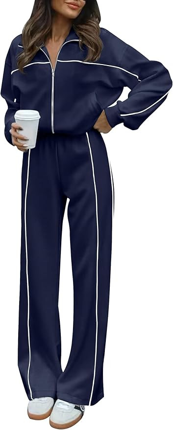 HAEOF Women 2 Piece Sweatsuit 2025 Fall Long Sleeve Zip Up Sweatshirt Jogger Pants Machting Loung... | Amazon (US)