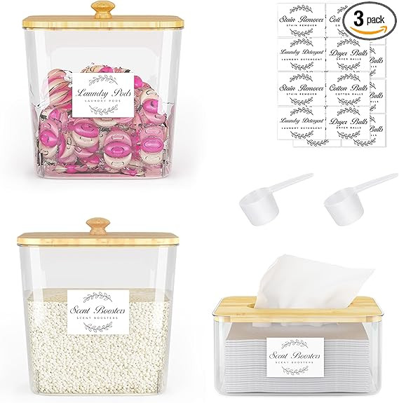 Laundry Room Organization and Storage, Laundry Pods Container and Dryer Sheet Holder with Bamboo ... | Amazon (US)