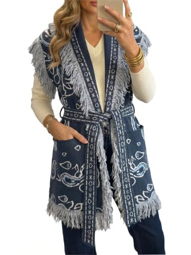 Saodimallsu Womens Sleeveless Long Cardigan Sweaters Fringe Shawl Collar Boho Paisley Wrap Belted Knit Vest with Pockets Navy Blue | Amazon (US)