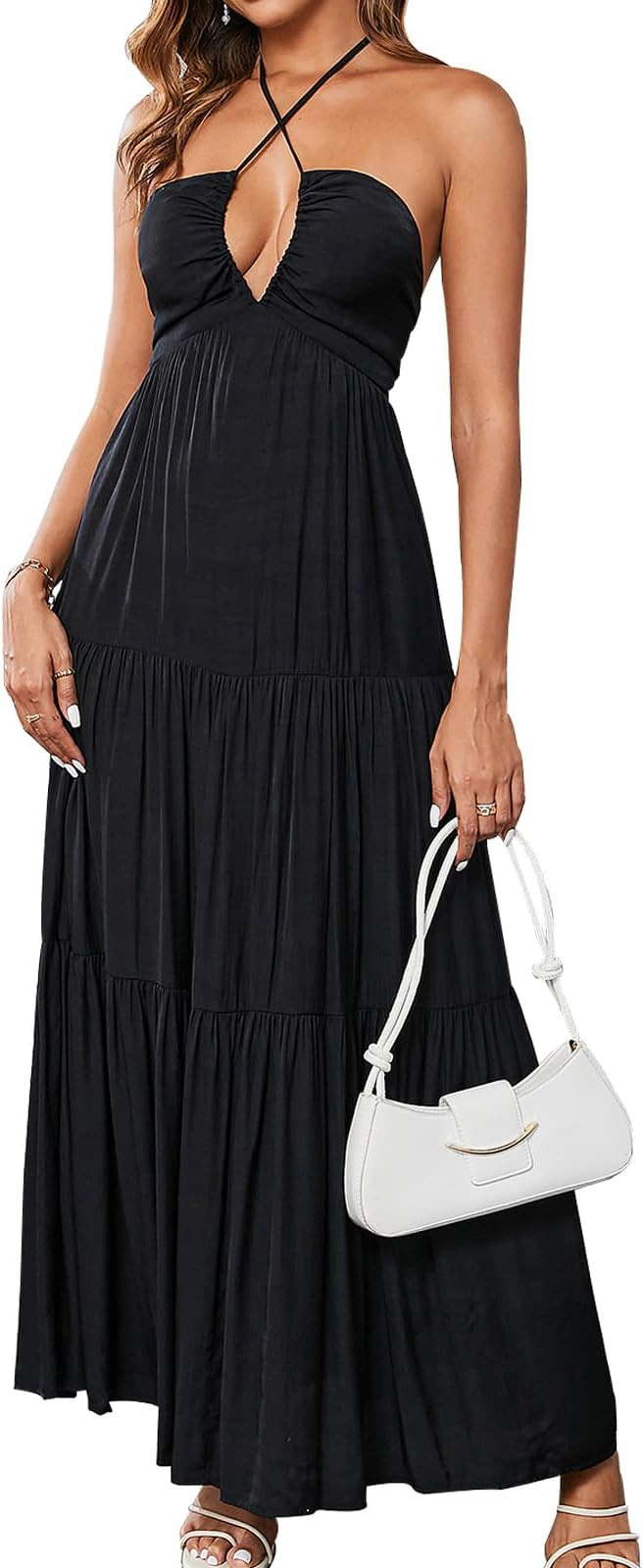 GLNEGE Summer Maxi Beach Dress Boho Halter V Neck Backless Bow Dresses Flowy Trendy Ruffle Sundre... | Amazon (US)