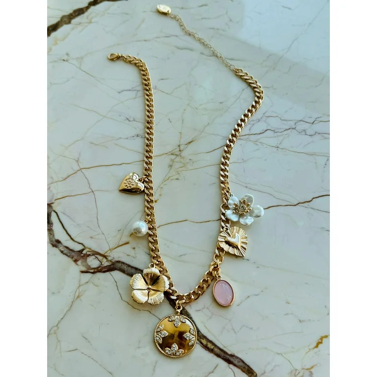 Time and Tru Flower and Heart Charm Necklace with Pink and Gold Charms | Walmart (US)