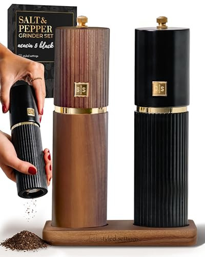 Wooden Salt and Pepper Grinder Set – Refillable Manual Salt and Pepper Mills with Adjustable Ceramic Burrs, Gold Detailing, and Wood Stand – Black and Dark Wood | Amazon (US)