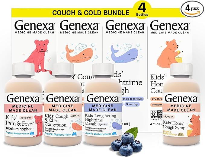 Genexa Kids' Clean Cough Relief & Honey Cough Syrup, Pain & Fever Relief Value 4-Pack, Dye Free, ... | Amazon (US)