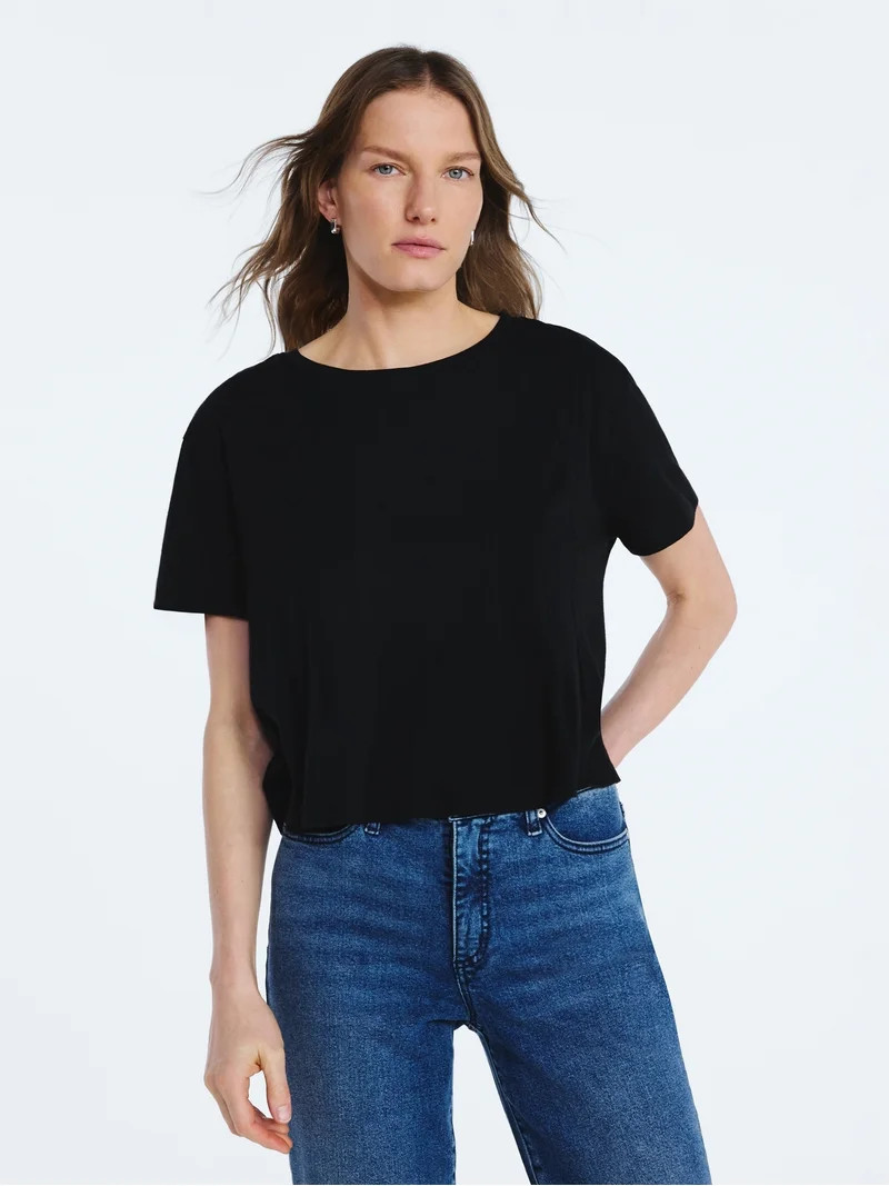Scoop Women’s and Women's Plus Pleated Cropped Cotton Tee, Sizes XS-4X | Walmart (US)