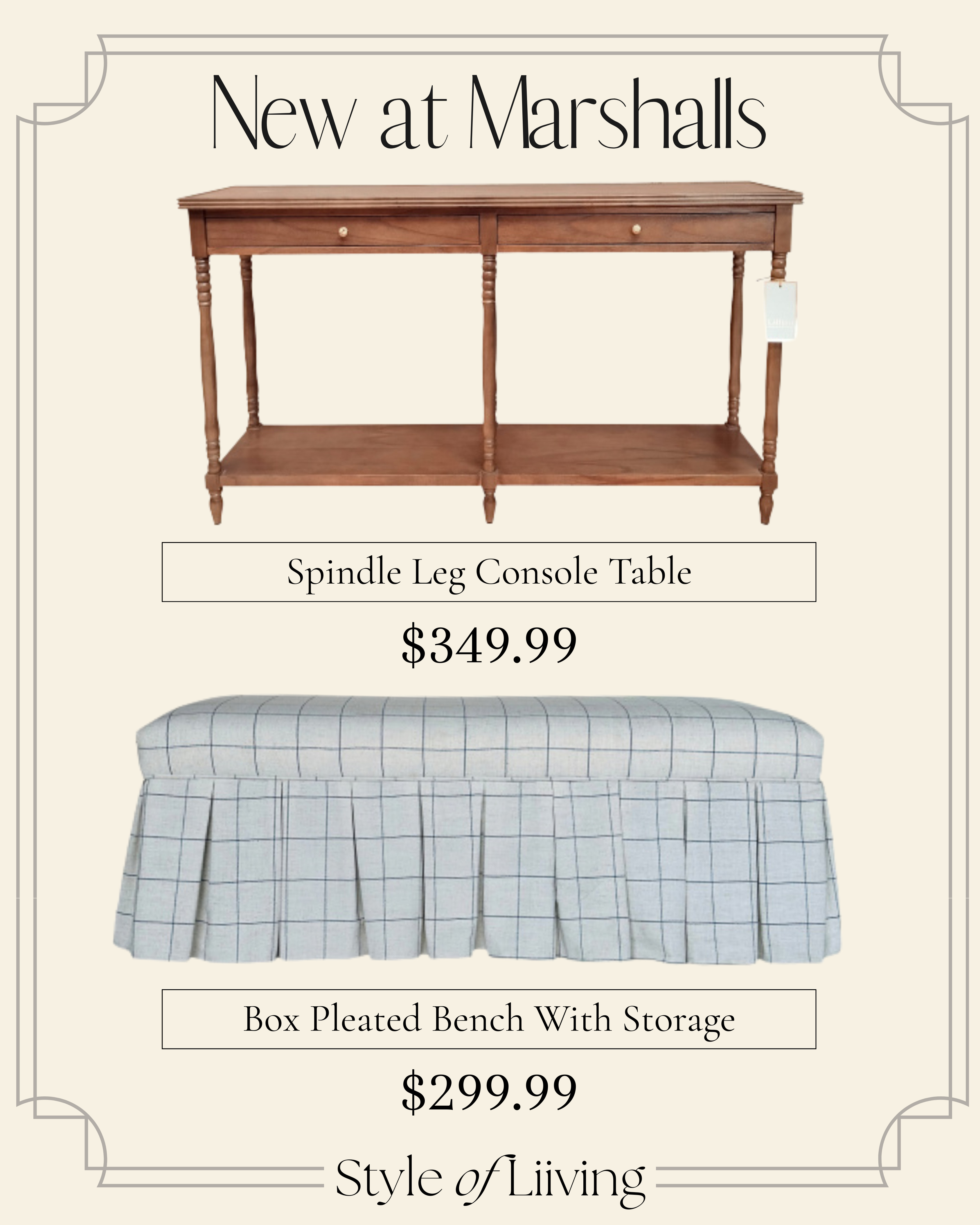 New at Marshalls! Spindle leg console table in dark brown with gold tone hardware, 2 drawers and 2 tiers for ample storage, spindle legs. Box pleated bench with storage, skirted, cushioned top, hinged lid opens to a spacious storage compartment. #marshallsfinds #tjmaxx #bench #ottoman #consoletable  

 #LTKSeasonal #LTKHome