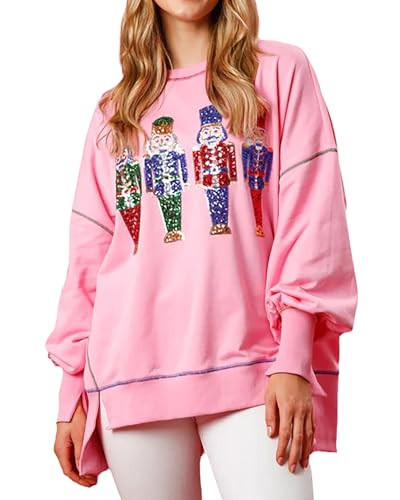Glkaend Women's Cute Santa Christmas Sweatshirts Funny Graphic Lightweight Nutcracker Sequins Long Sleeve Pullover Hoodies,Pink #1,XXL | Amazon (US)