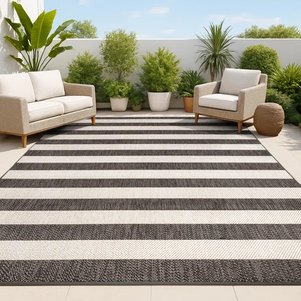 Hedya Two-Tone Wide Stripe Black/Beige Indoor/Outdoor Rug | Wayfair North America