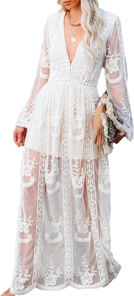 Womens Deep V Neck Short Sleeve Floral Lace Dress Long Bridesmaid Maxi Dresses | Amazon (US)