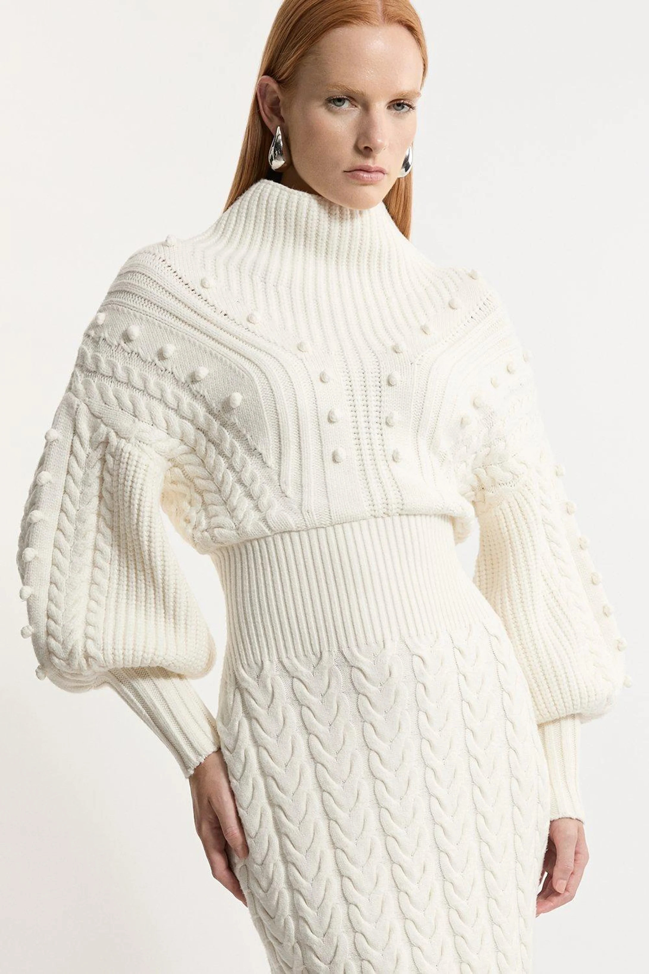 Bobble Detail Balloon Sleeve Cable Knit Viscose Blend Midi Dress | Karen Millen UK + IE + DE + NL