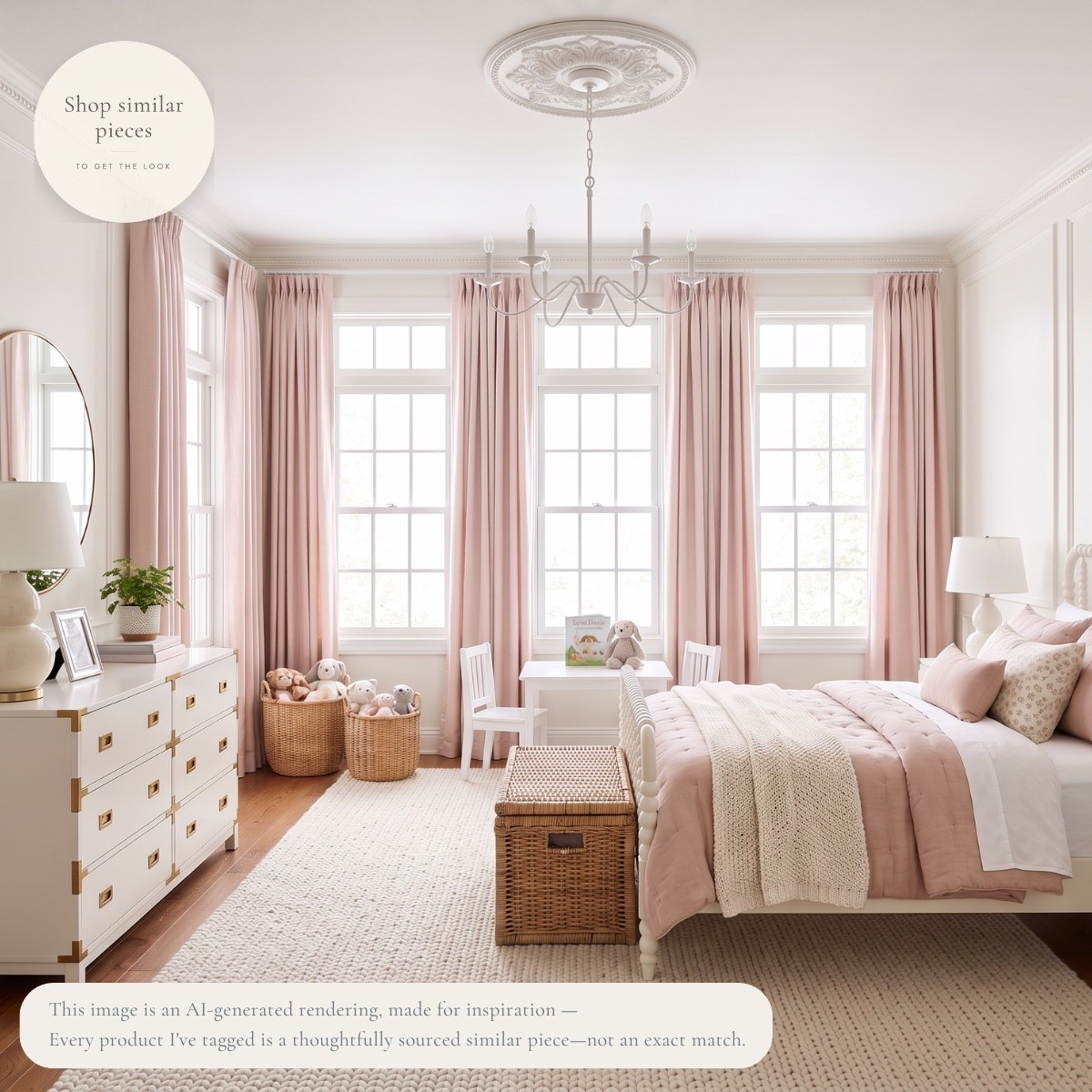 Soft pink without a single pink wall. 🤍

Blush bedding, a classic white spindle bed, creamy furniture, warm brass, and woven texture give this girls’ room plenty of sweetness without making everything feel overly pink. I especially love that the larger pieces are classic enough to grow with her while the softer layers can easily change over time.

Shop thoughtfully sourced similar pieces to get the look at home.

AI-generated design concept for inspiration • Tagged products are thoughtfully sourced similar pieces, not exact matches • Affiliate links may be used. As an Amazon Associate, I earn from qualifying purchases.

#LTKHome #LTKKids