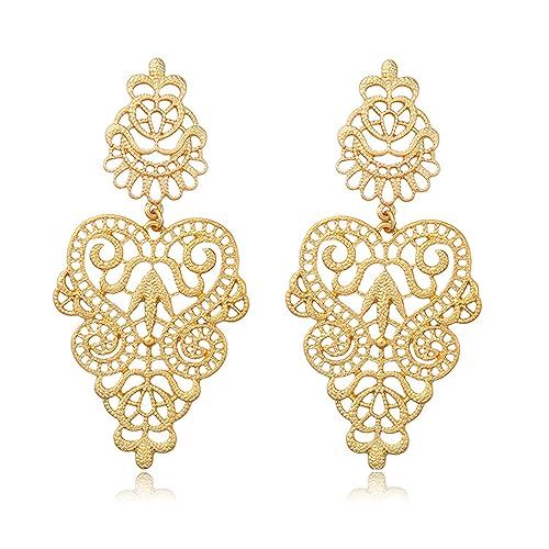 T-Doreen Gold Dangle Statement Earrings for Women Boho Hollow Lace Flower Pattern Metal Dangle Dr... | Amazon (US)