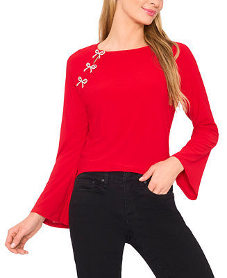 Women's Imitation Pearl Bow Long-Sleeve Knit Top | Macy's