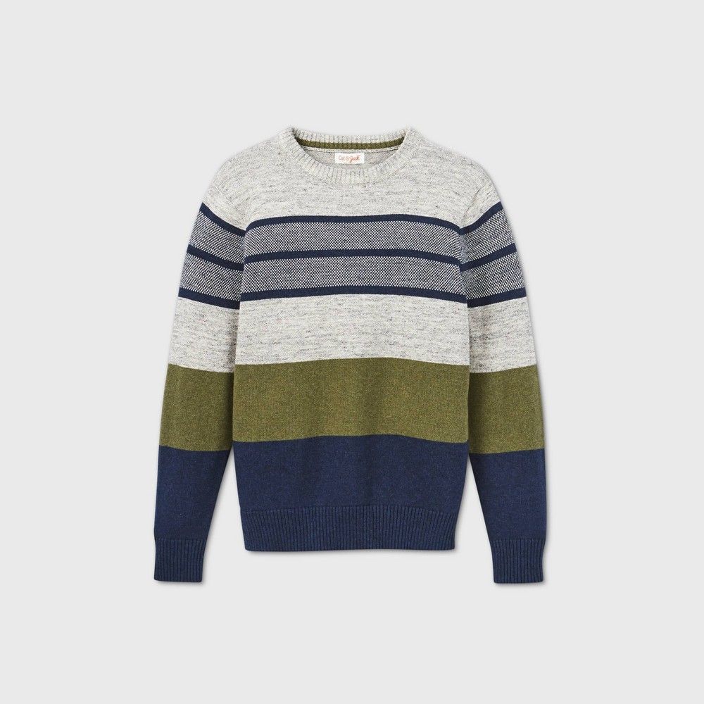 Boys' Hoiday Striped Crew Neck Sweater - Cat & Jack™ Gray/Oive/Navy | Target