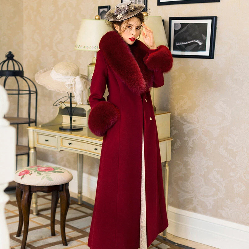 Women Thick Wool Long Coat Slim Fit Cashmere Wool Fox Fur Collar Belted Outwear | eBay US