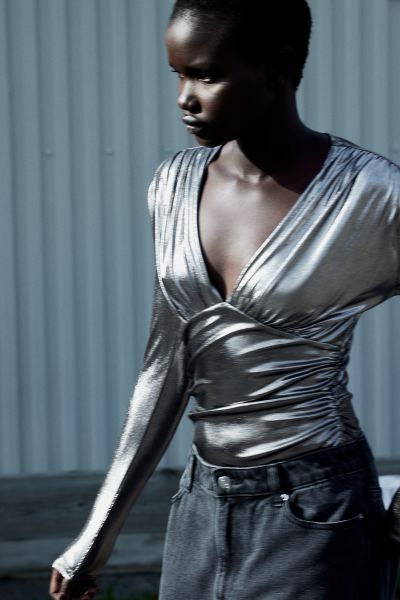 Draped V-neck Thong Bodysuit - Silver-colored - Ladies | H&M US | H&M (US + CA)