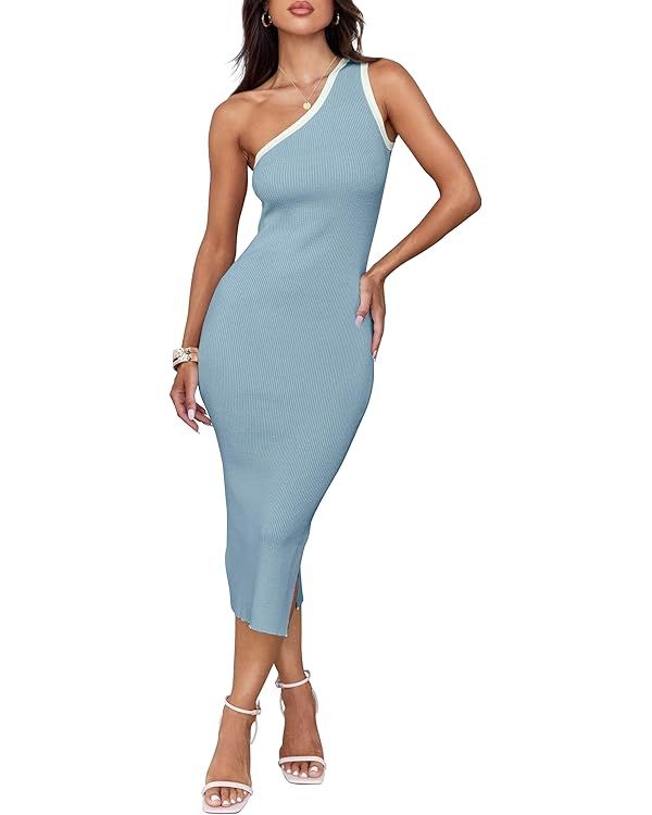 ZESICA Women's Summer One Shoulder Bodycon Midi Dresses 2024 Casual Sleeveless Ribbed Knit Side S... | Amazon (US)