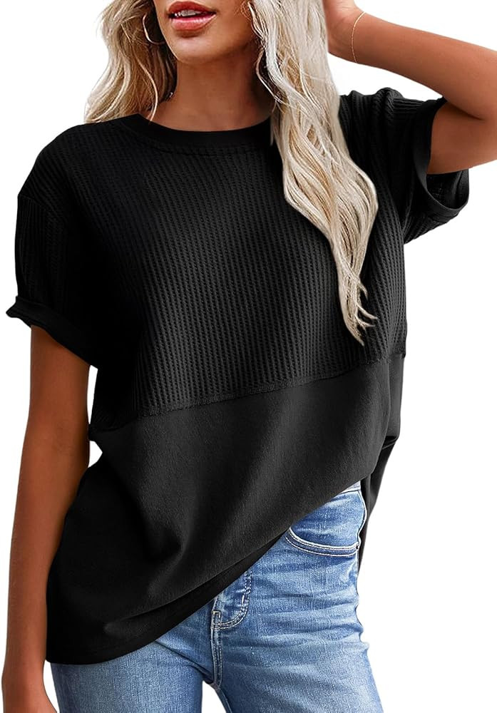 SHEWIN Womens Casual V Neck Waffle Knit Tops Short Sleeve T Shirts Loose Blouses | Amazon (US)