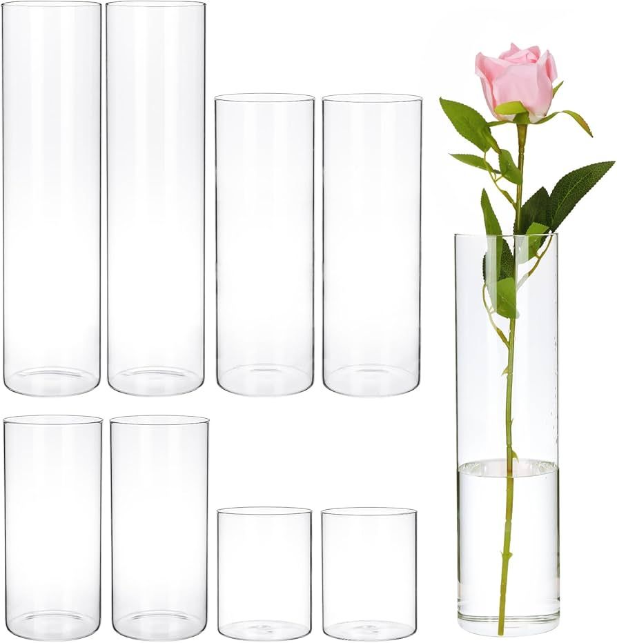 CEWOR 8pcs Glass Cylinder Vase 4, 6.8, 9, 12 Inch Tall Clear Vases for Wedding Glass Candle Holde... | Amazon (US)