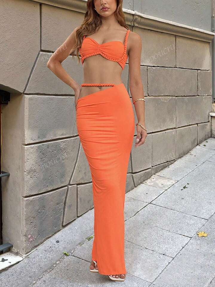 Summer Sexy Backless Camisole Vest, Hip Hugging Pleated Skirt Set | SHEIN