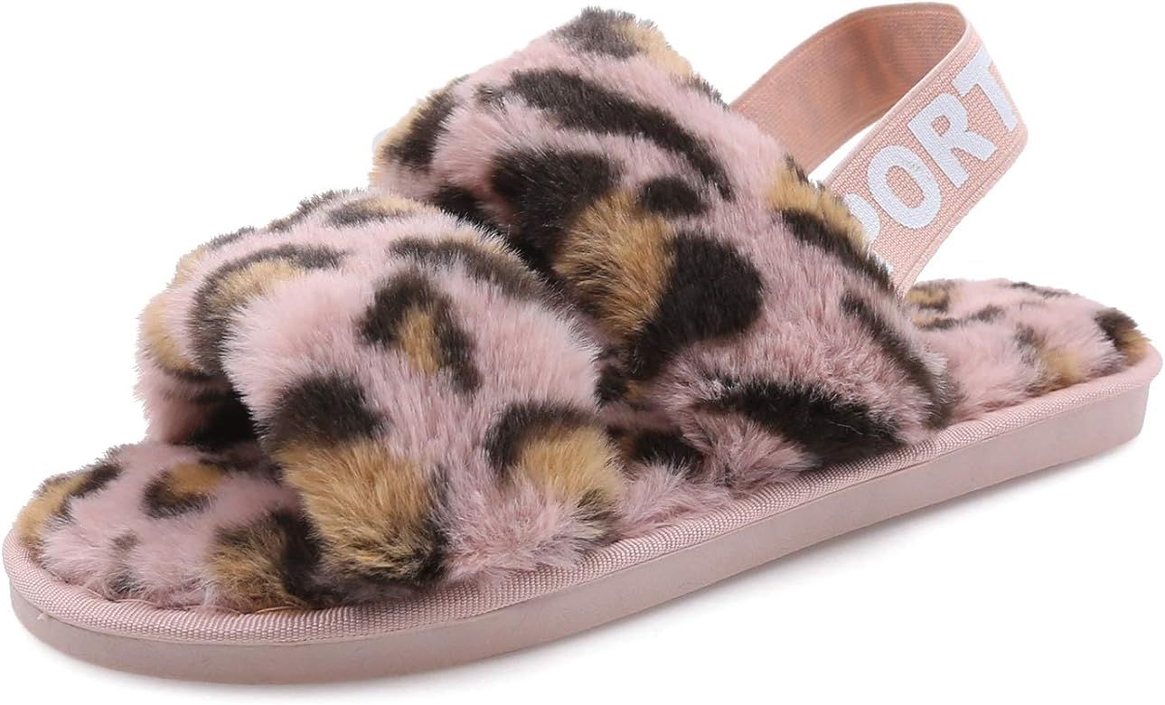 Women's House Fuzzy Slipper Fluffy Sandals Slides Leopard Print Soft Warm Comfy Cozy Bedroom Open... | Amazon (US)