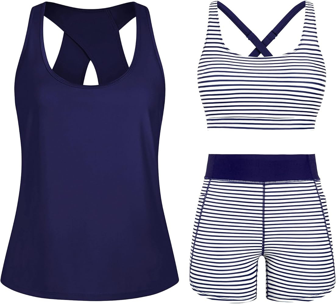 HUSKARY 3 Piece Tankini Swimsuits for Women Swim Tank Top with Bra and High Waist Boy Shorts with... | Amazon (CA)