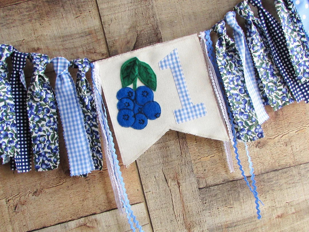 Blueberry One Banner High Chair Decor Highchair Fabric Garland Blue Summer Fruit Gingham Photo Pr... | Etsy (US)