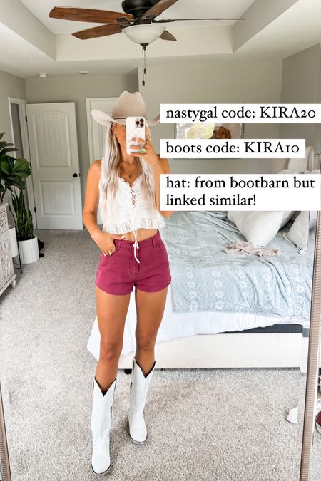 shorts can be CHEEKY! size up if inbetween) 
nastygal code: KIRA20 
boots code: KIRA10
hat: from bootbarn but linked similar! 
shorts size 4 with a 2 inch inseam 

western fashion inspo 
festival outfit 
cowgirl boots 

#LTKsalealert #LTKstyletip #LTKshoecrush