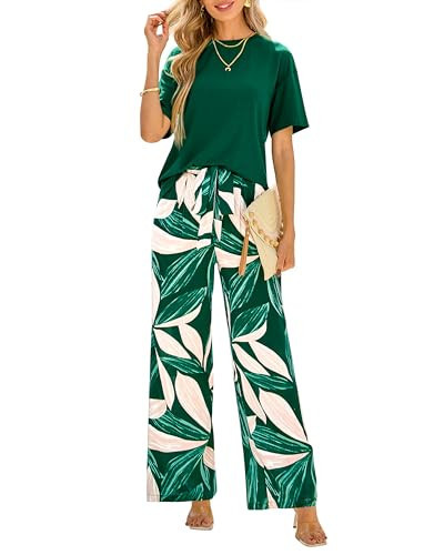 PRETTYGARDEN Women Summer 2 Piece Outfits 2026 Short Sleeve Knit Top Floral Print Belted Wide Leg Pant Sets With Pockets(Dark Green Floral,Large) | Amazon (US)