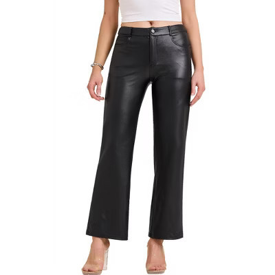 INSPIRE CHIC Women's Straight Leg High Waist with Pockets Leather Pants Small Black | Target