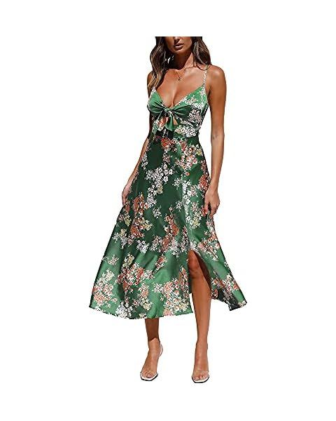 Dokotoo Womens 2023 Summer Floral Print Spaghetti Strap Sundress V Neck Tie Front Maxi Dress | Amazon (US)
