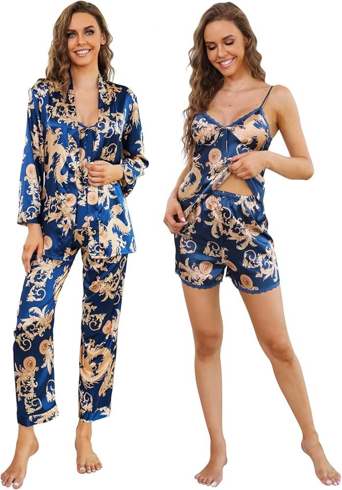 Arwser Women's Silk Satin Pajamas Set 4 Pcs Luxury Sleepwear Cami Top Pjs with Shorts and Robe | Amazon (US)