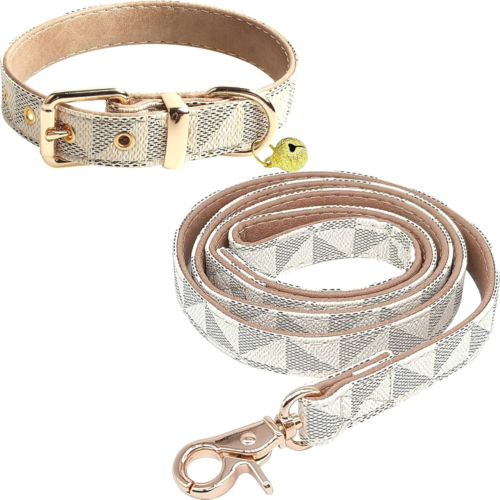 Dog Leather Collar and 4 ft Leash, KUDES Adjustable Basic Collar with Bell Checkered Pattern Dura... | Amazon (US)