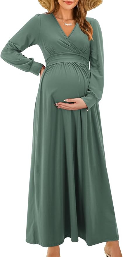 OUGES Fall Maternity Maxi Dress Long Sleeve Wrap V Neck Baby Shower Pregnancy Dresses for Photosh... | Amazon (US)