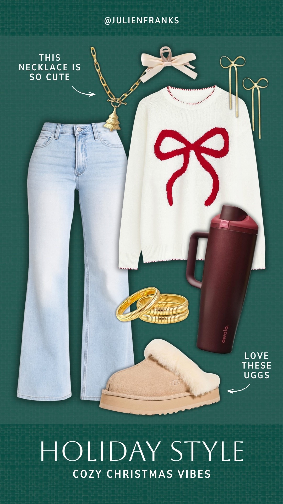 These Amazon holiday finds are so cute! I love how cozy and festive this under $20 bow sweater is. 🎄❤️ Perfect to style with these go-to wide leg jeans and Ugg slippers. Such a fun, casual outfit for the Christmas season!

#holidayoutfitinspo #christmasoutfit #cozyoutfit #bowsweater #festive #uggs #owala #denim #amazonfinds

#LTKHoliday #LTKSeasonal #LTKGiftGuide