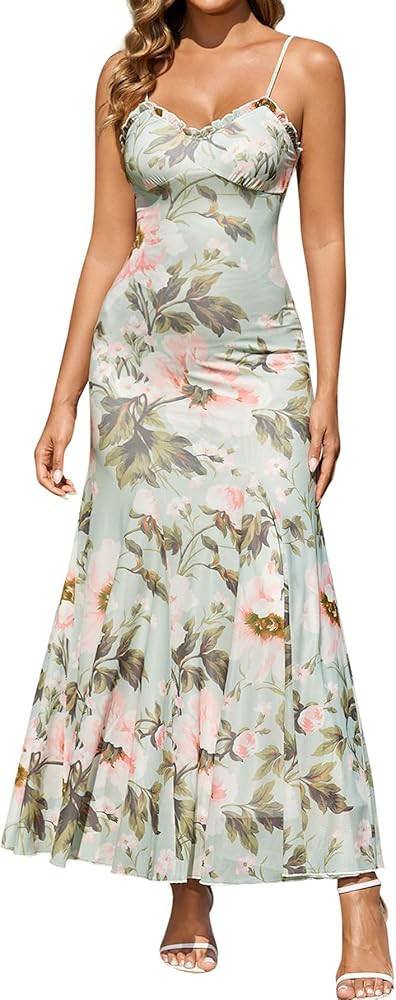 EYNMIN Floral Maxi Dress Lace Spaghetti Strap Flowy Ruffle Long Sundress 2026 Spring Summer Weddi... | Amazon (US)