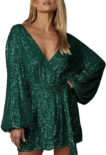 Ababalaya Sparkly Sequin Mini Wrap Dress for Women V-Neck Long Puff Sleeve Glitter Clubwear Party... | Amazon (US)