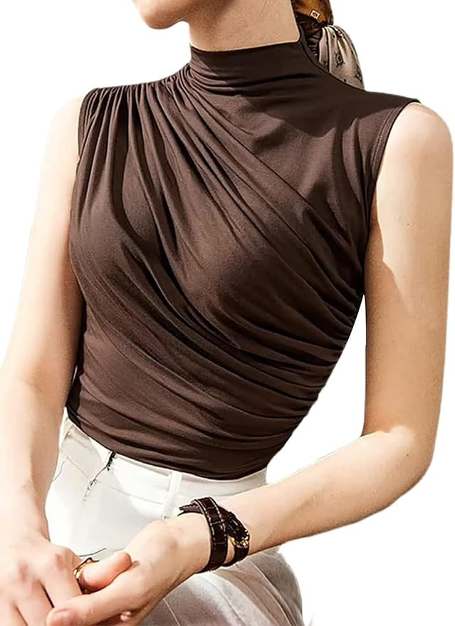 Avanova Women Fitted Sleeveless Ruched Tank Top Shirt Mock Turtleneck Blouses | Amazon (US)