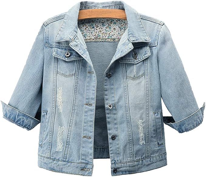 Hixiaohe Women Autumn 3/4 Sleeve Retro Short Denim Jackets Light Blue Jean Coats | Amazon (US)