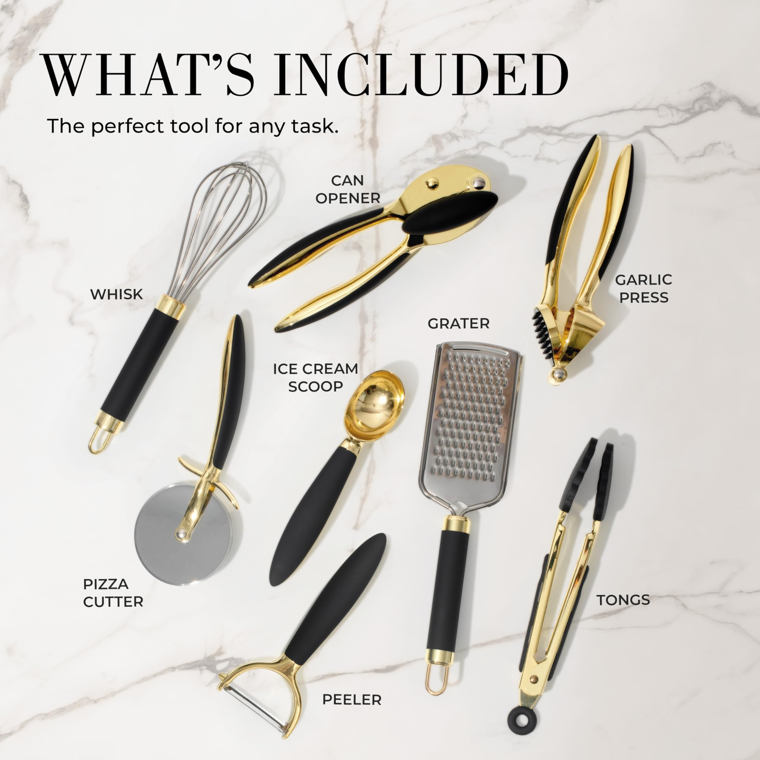 Black and Gold Kitchen Utensils - Luxe 8-Piece Gold Kitchen Tools Set with Can Opener, Pizza Cutt... | Amazon (US)