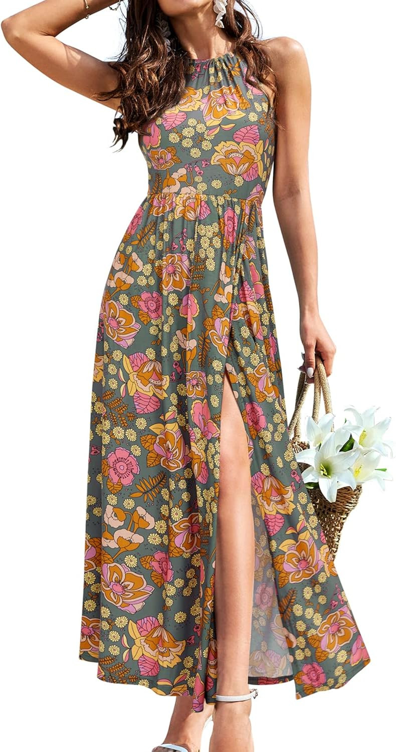 KILIG Women's 2023 Summer Maxi Dress Casual Floral Halter Neck Spring Beach Hawaiian Split Long D... | Amazon (US)
