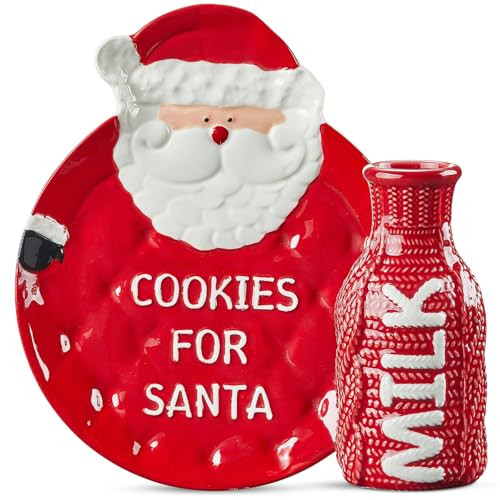 Metahom Cookies for Santa Plate and Milk Jug Set, Ceramic Treat Dish with Milk Bottle for Christmas Eve Tradition, Holiday Kitchen Decor. 2 Piece | Amazon (US)