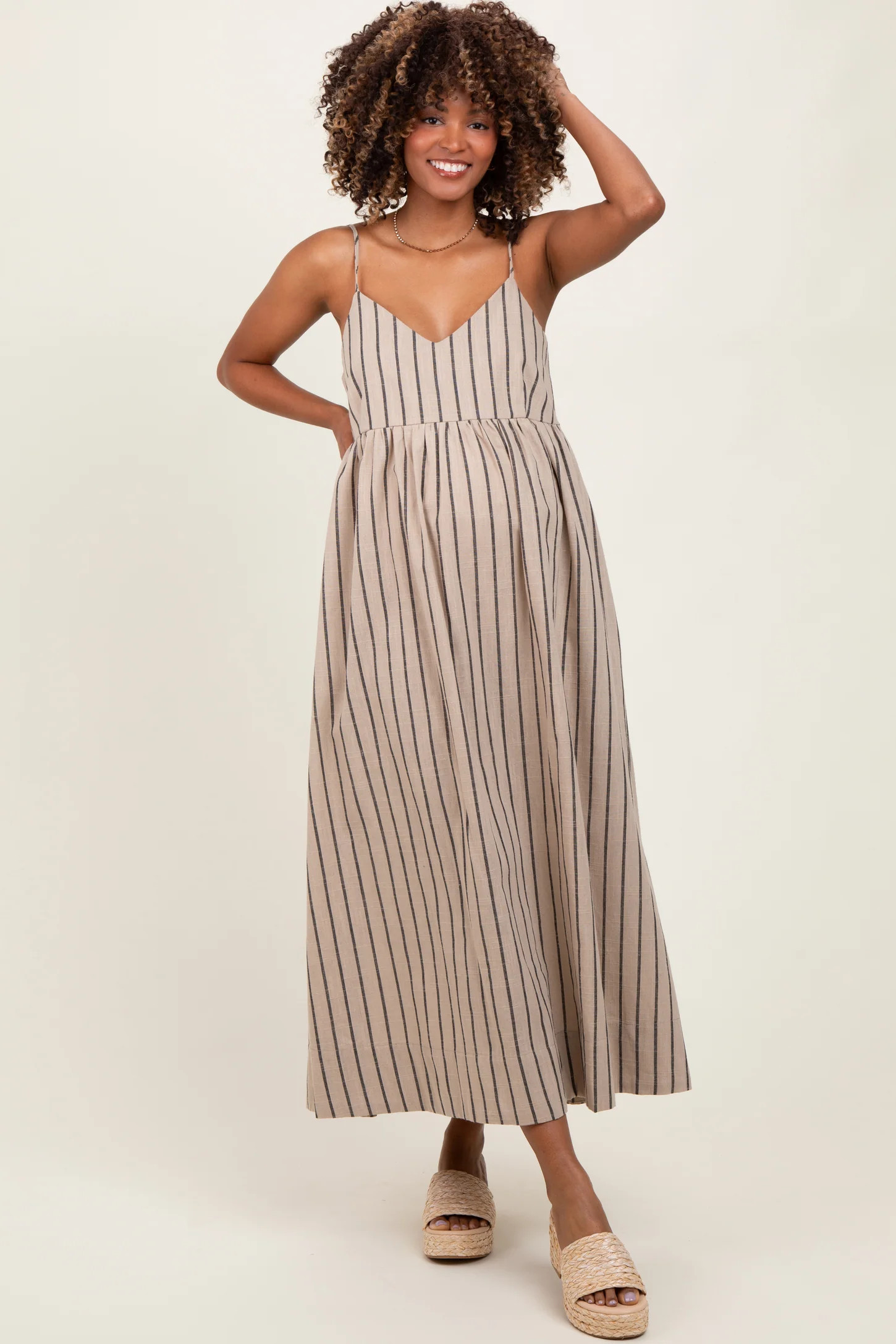 Beige Striped Linen Blend Maternity Maxi Dress | PinkBlush Maternity