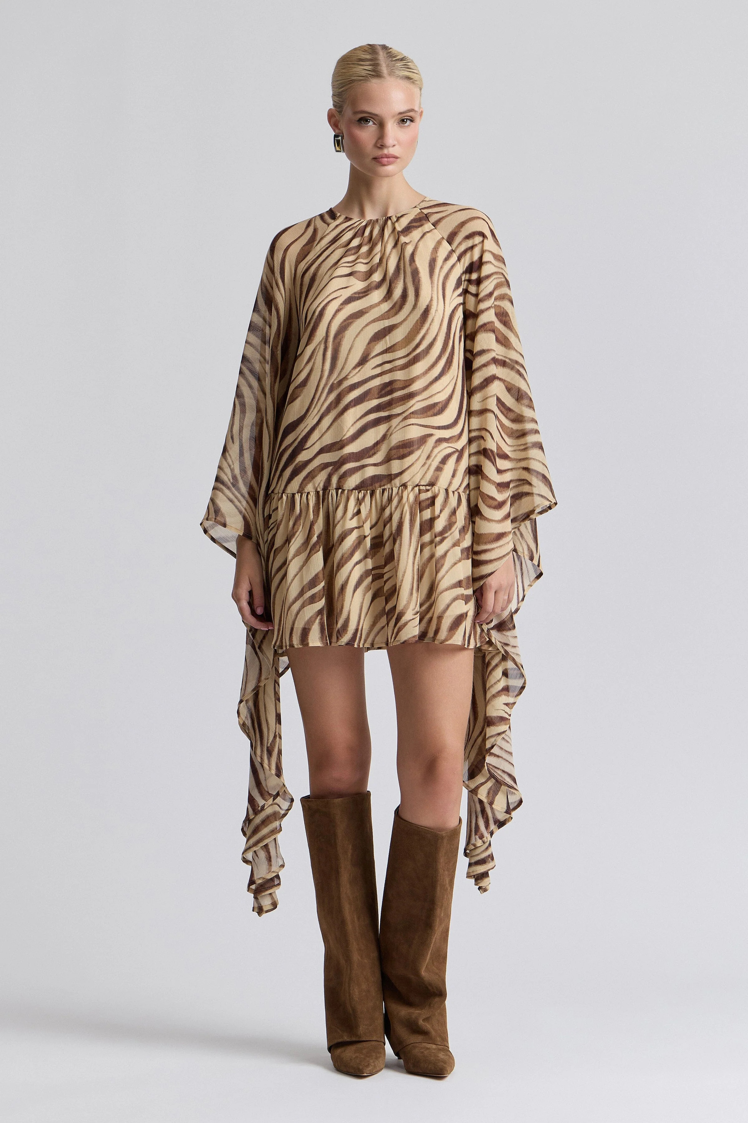Waterfall Sleeve Zebra Print Crinkle Georgette Mini Dress | Avec Les Filles