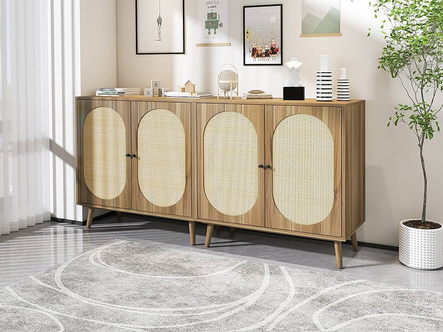 Goujxcy Rattan Sideboard Buffet Cabinet, Kitchen Storage Cabinet with Rattan Decorated Doors, Liq... | Amazon (US)