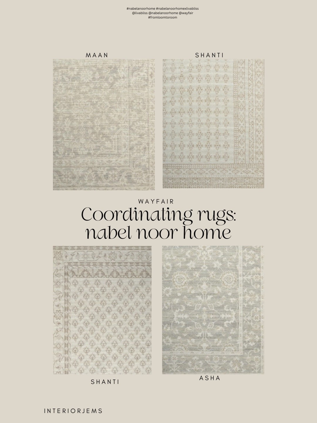 I pulled together a few rug pairings from @nabelanoorhome from this collection that coordinate so beautifully. The designs are subtle, the tones are soft, and the floral pattern is hands down my favorite. These work especially well in an open concept where you can see both rugs in the same line of sight. They flow together without matching too much, which is exactly what makes a home feel layered and intentional.

#nabelanoorhome #nabelanoorhomexlivabliss @livabliss @nabelanoorhome @wayfair #fromloomtoroom

#wayfairpartner #ad #wayfair @wayfair 

#LTKCyberWeek #LTKHome #LTKFindsUnder100