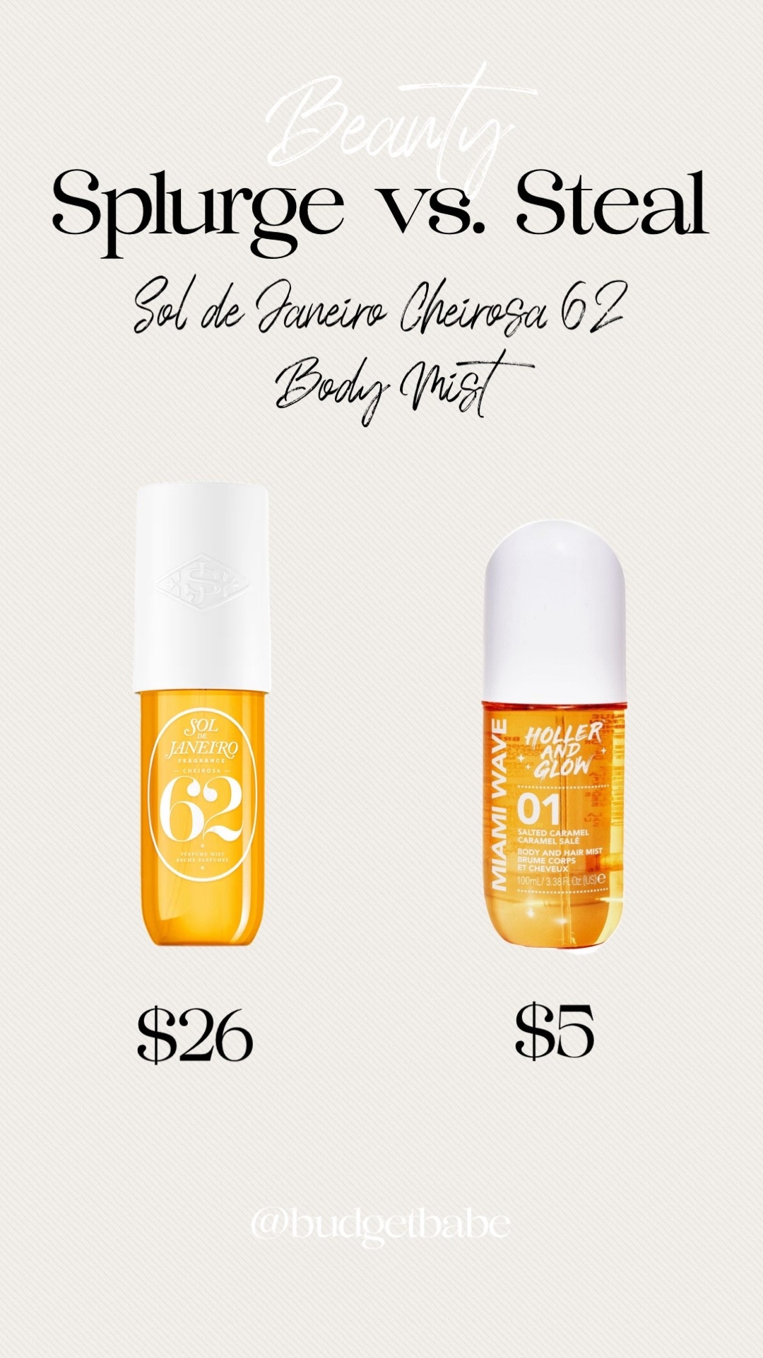 This budget beauty dupe has been going viral. Sol de Janeiro’s Cheirosa 62 body and hair mist versus Holler and Glow Miami Wave, Salter Caramel. #beauty lookalike 

#LTKFindsUnder50 #LTKGiftGuide #LTKBeauty