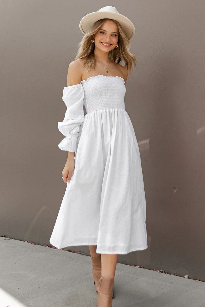 Domenica Shirred Long Sleeve Midi Dress - White | Petal & Pup (US)
