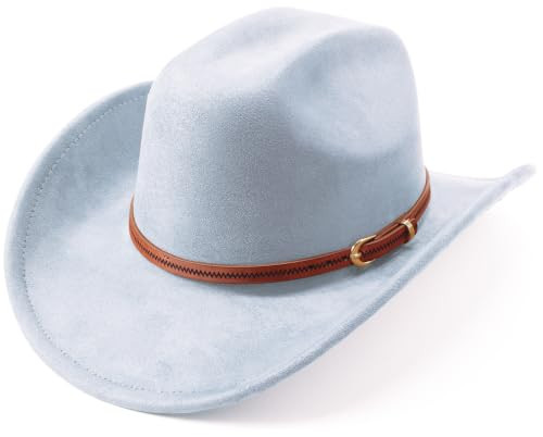 DRESHOW Cowboy Hat for Women and Men Wide Brim Western Cowboy Cowgirl Hat with Belt Buckle Unisex Rolled up Caps Sky Blue | Amazon (US)