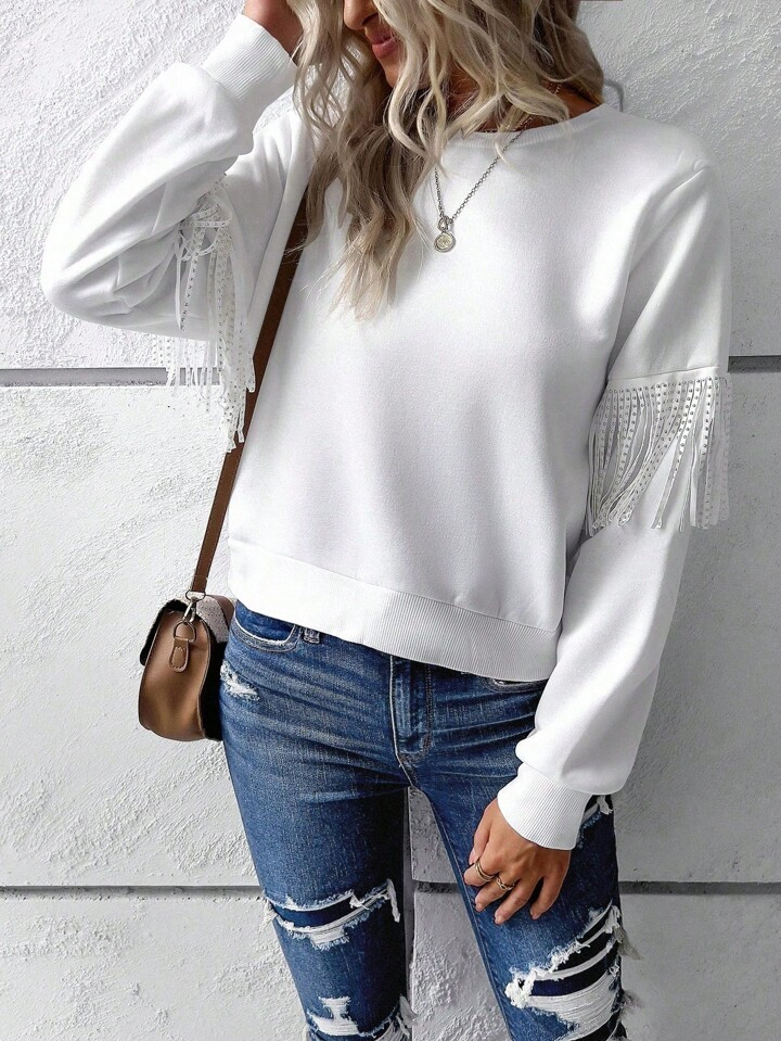 Tassel Detail Round Neck Sweatshirt | SHEIN